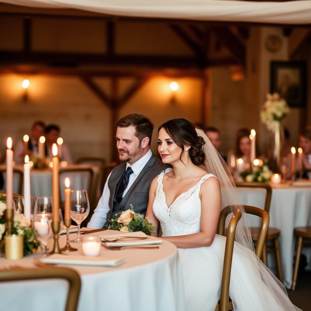 Couple seated at a candlelit country wedding reception