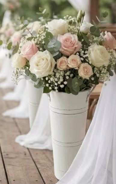 Tall white flower buckets