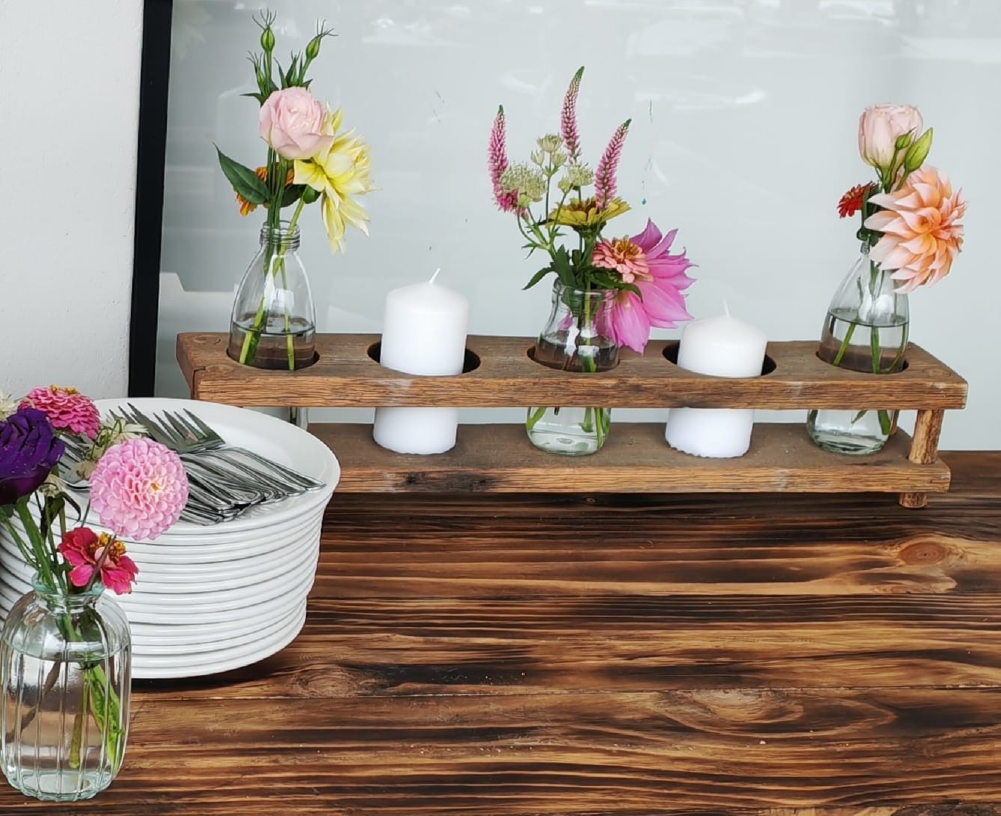 Wooden candle & vase base with bottles